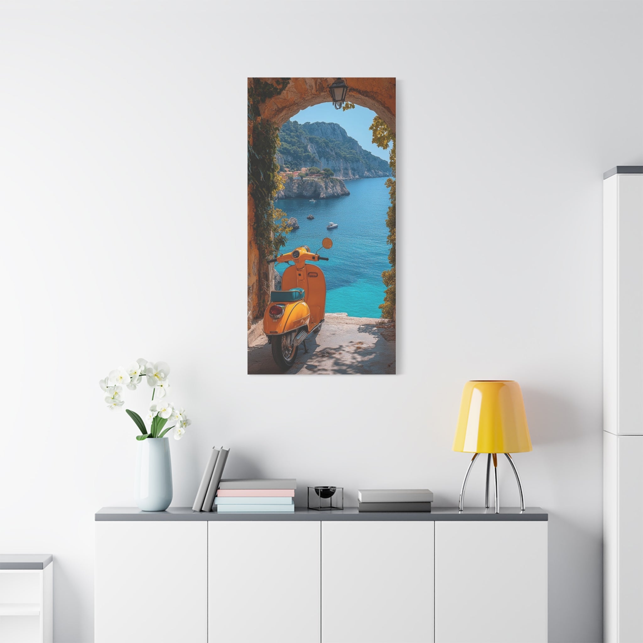 Mediterranean Scooter Canvas Print – Sunny Coastal Archway Wall Art