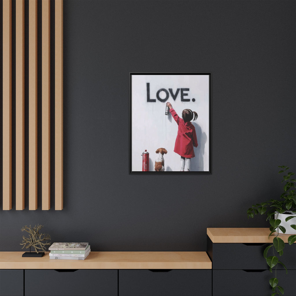 'LOVE.' Girl Spray-Painting with Dog- Framed Canvas Art