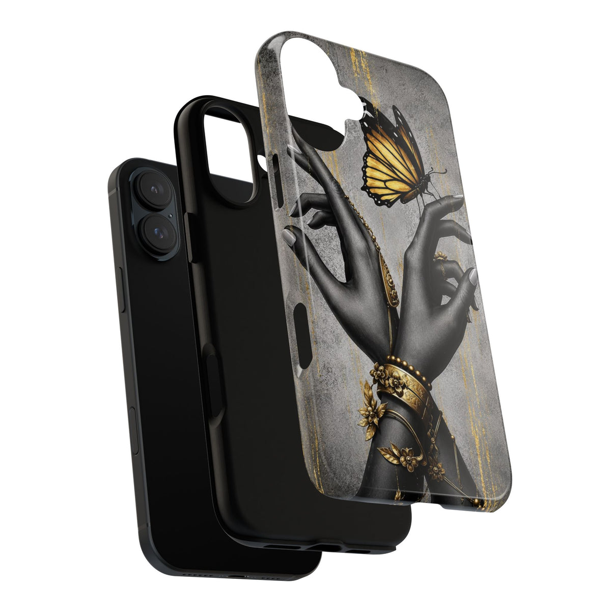Artistic Black Hands & Golden Butterfly Phone Case – Protective Tough Case