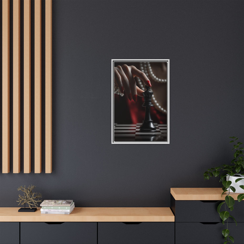 Framed Matte Canvas Art — Femme Hand & Chess King (Pearls, Noir Glam)