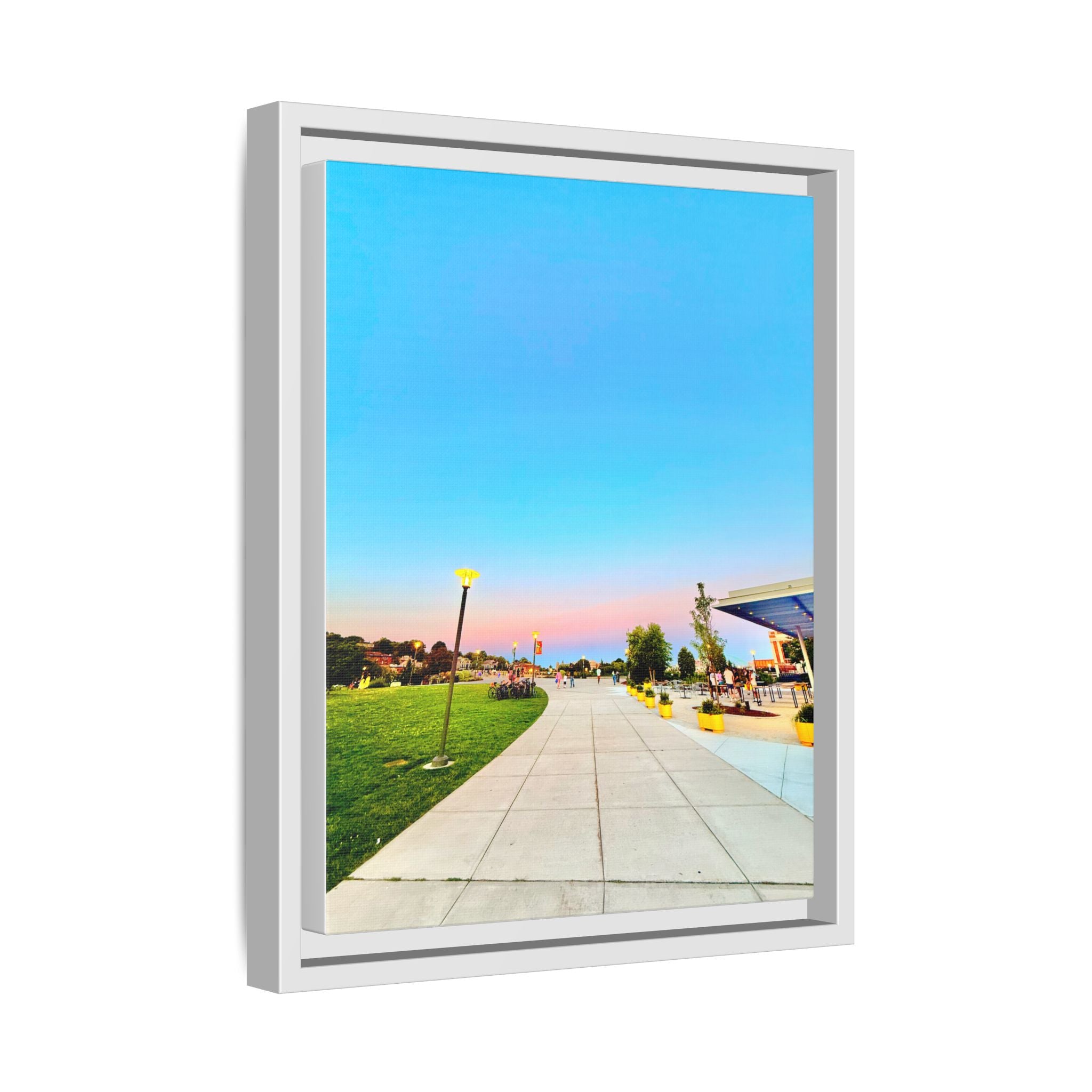 Sunset Promenade Matte Framed Canvas — Pastel Sky Walkway Wall Art