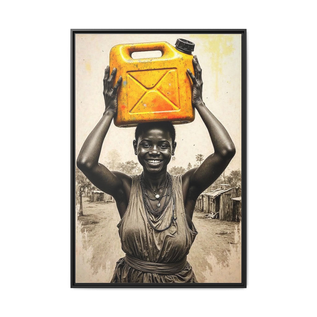 Framed Canvas Art - Joyful Woman Carrying Yellow Water Jerrycan