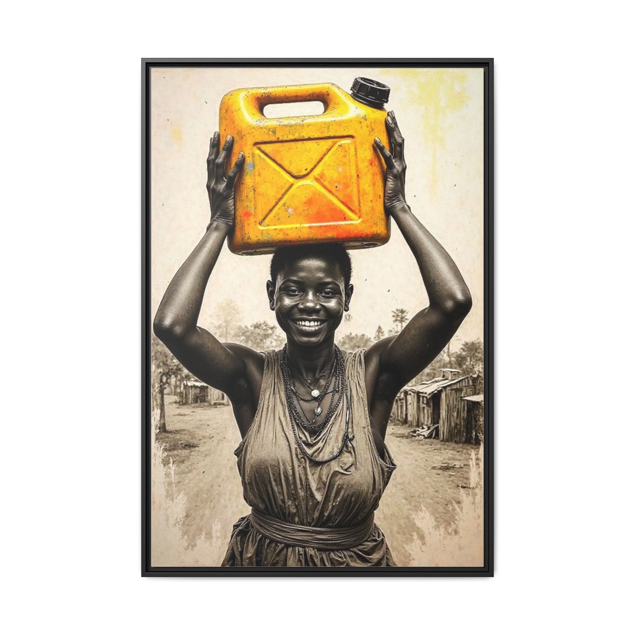 Framed Canvas Art - Joyful Woman Carrying Yellow Water Jerrycan