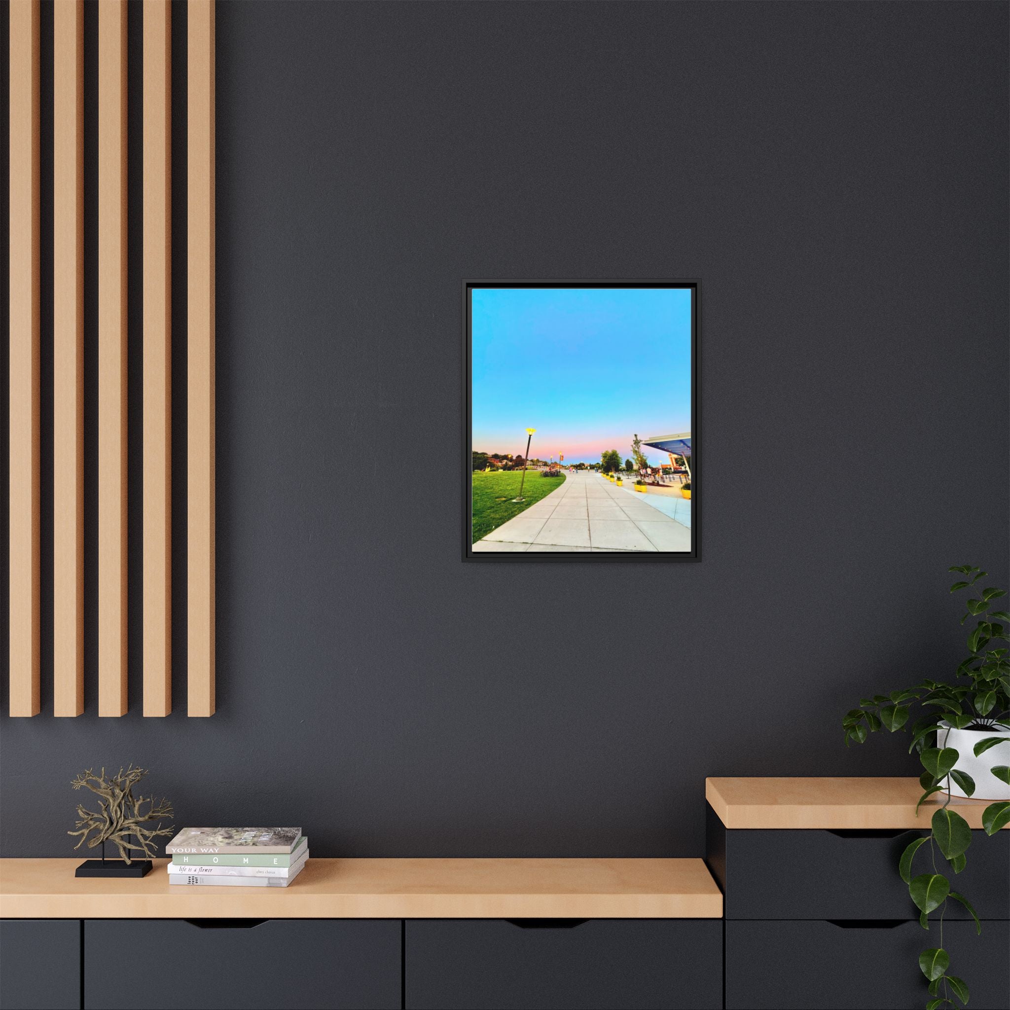 Sunset Promenade Matte Framed Canvas — Pastel Sky Walkway Wall Art