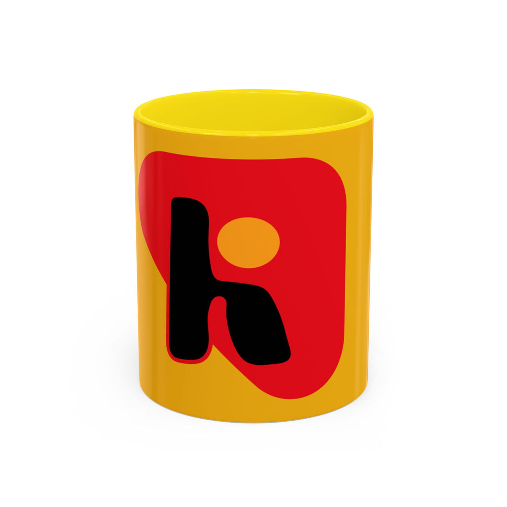 Retro Bold 'k' Accent Coffee Mug — Yellow & Red Graphic Ceramic
