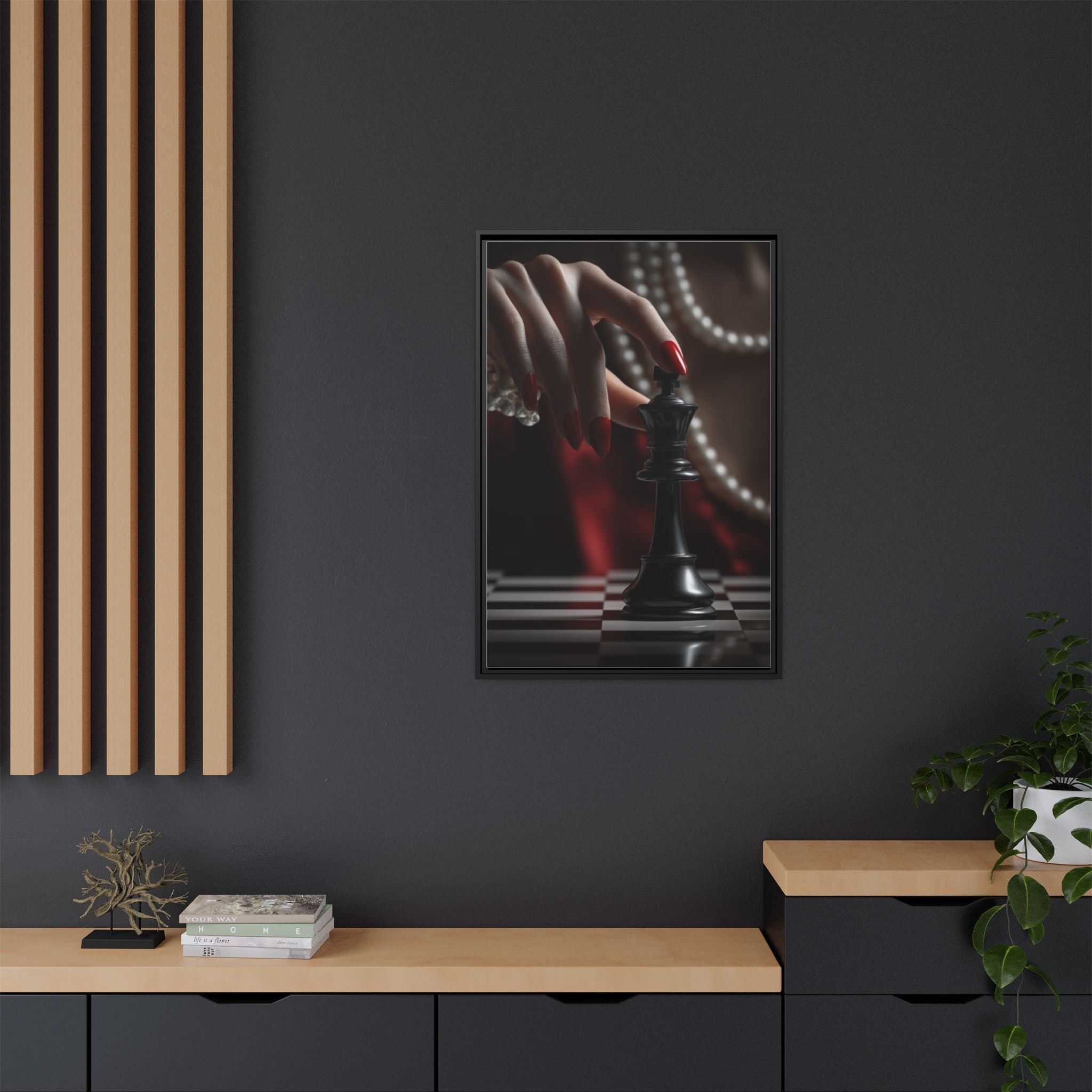 Framed Matte Canvas Art — Femme Hand & Chess King (Pearls, Noir Glam)