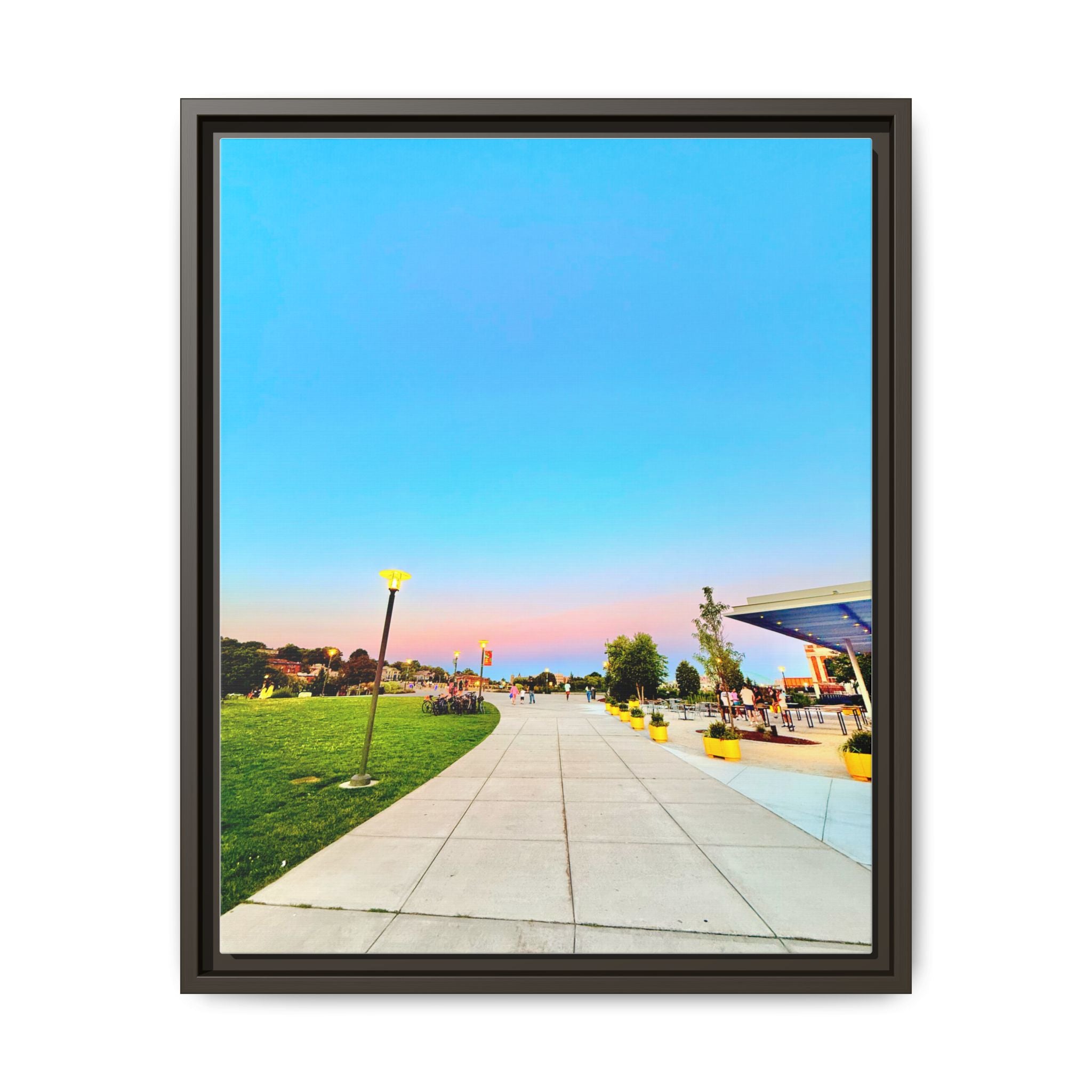 Sunset Promenade Matte Framed Canvas — Pastel Sky Walkway Wall Art