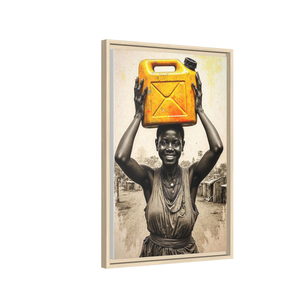 Framed Canvas Art - Joyful Woman Carrying Yellow Water Jerrycan