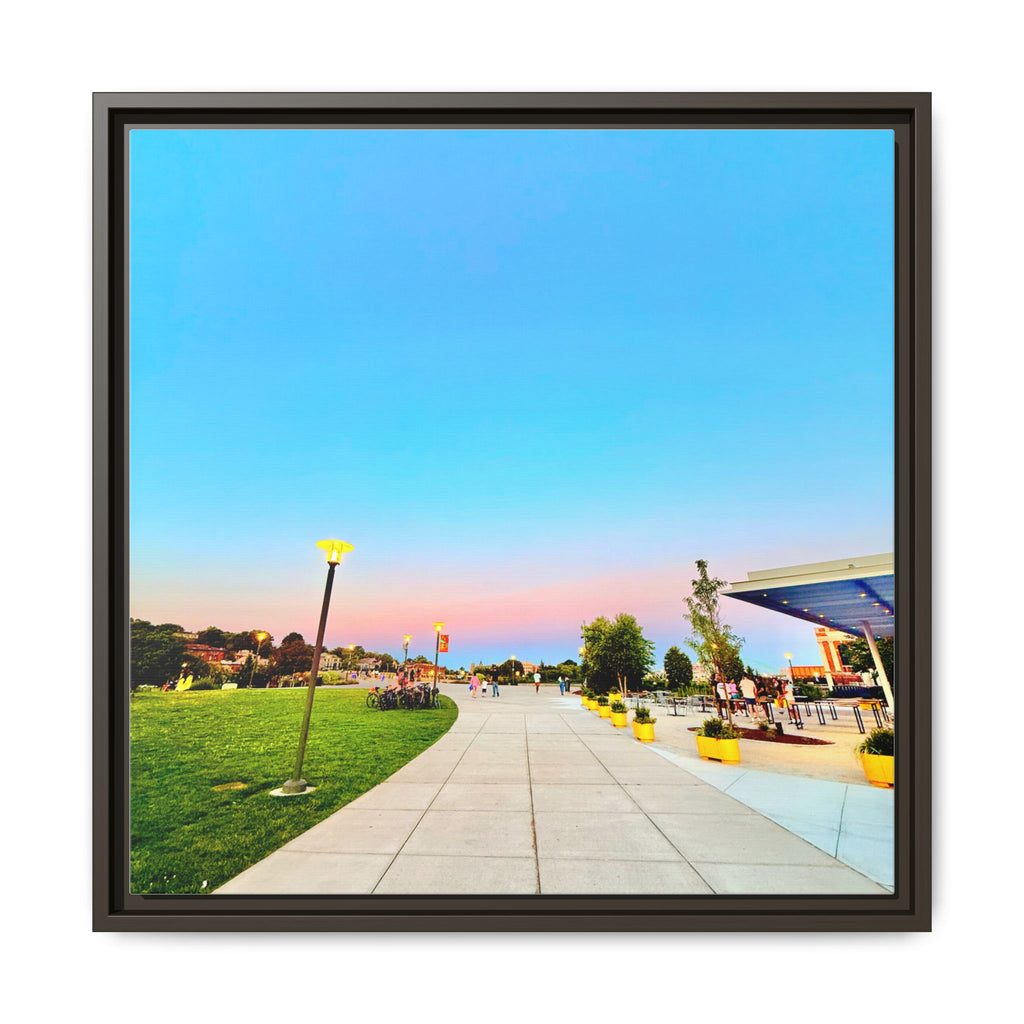 Sunset Promenade Matte Framed Canvas — Pastel Sky Walkway Wall Art