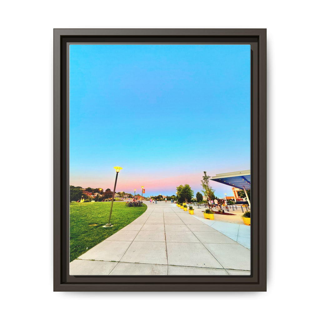 Sunset Promenade Matte Framed Canvas — Pastel Sky Walkway Wall Art