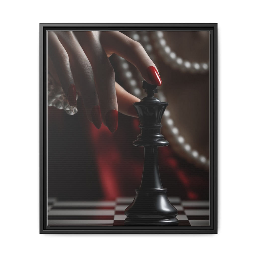 Framed Matte Canvas Art — Femme Hand & Chess King (Pearls, Noir Glam)