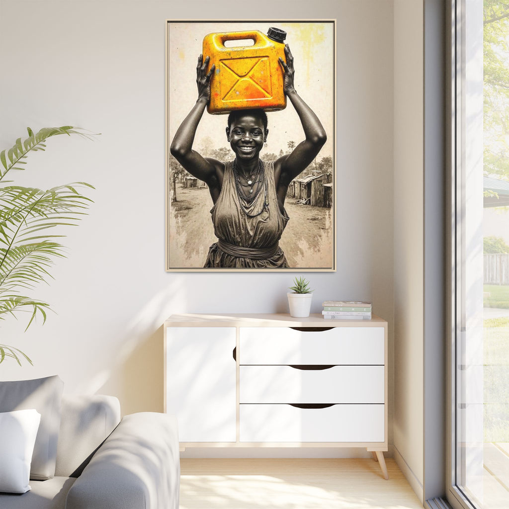 Framed Canvas Art - Joyful Woman Carrying Yellow Water Jerrycan