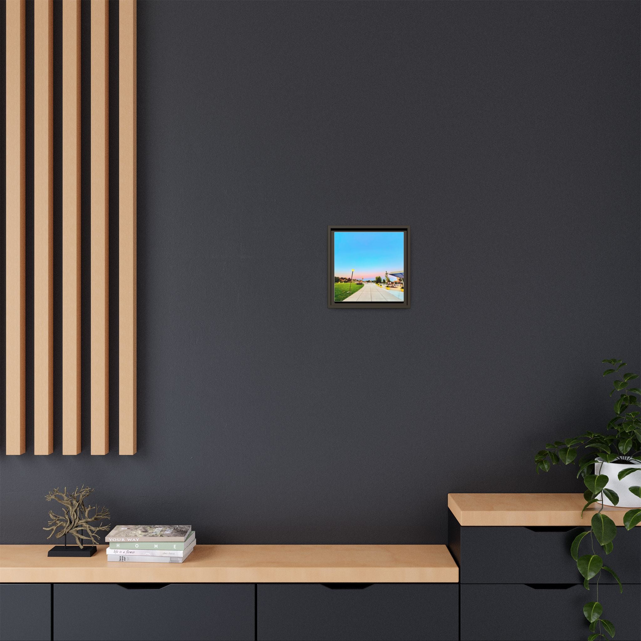 Sunset Promenade Matte Framed Canvas — Pastel Sky Walkway Wall Art