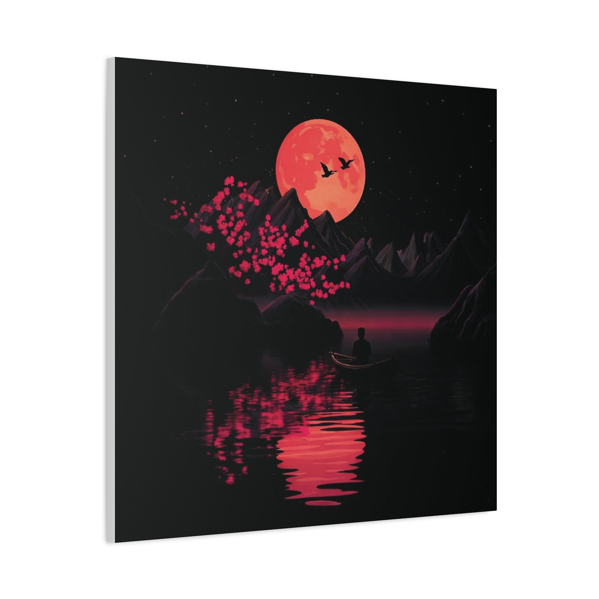 Moonlit Sakura Canvas Wall Art — Red Moon Reflection Matte Stretched Print