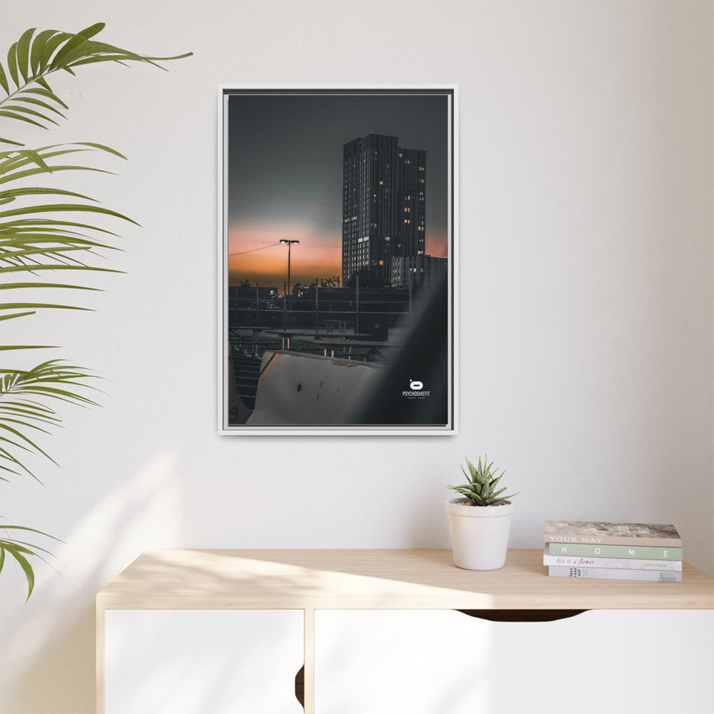 Framed Matte Canvas Print — Urban Sunset High-Rise Photography