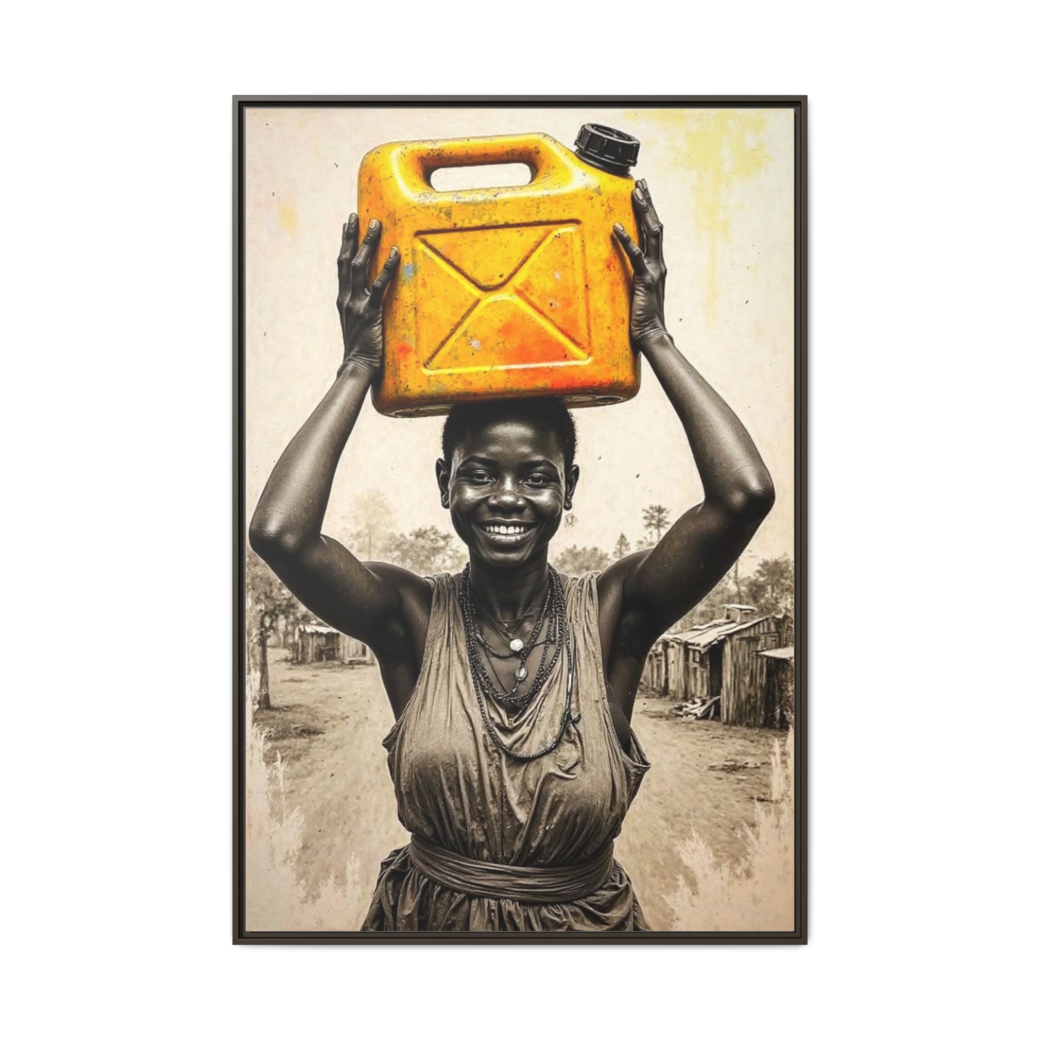 Framed Canvas Art - Joyful Woman Carrying Yellow Water Jerrycan