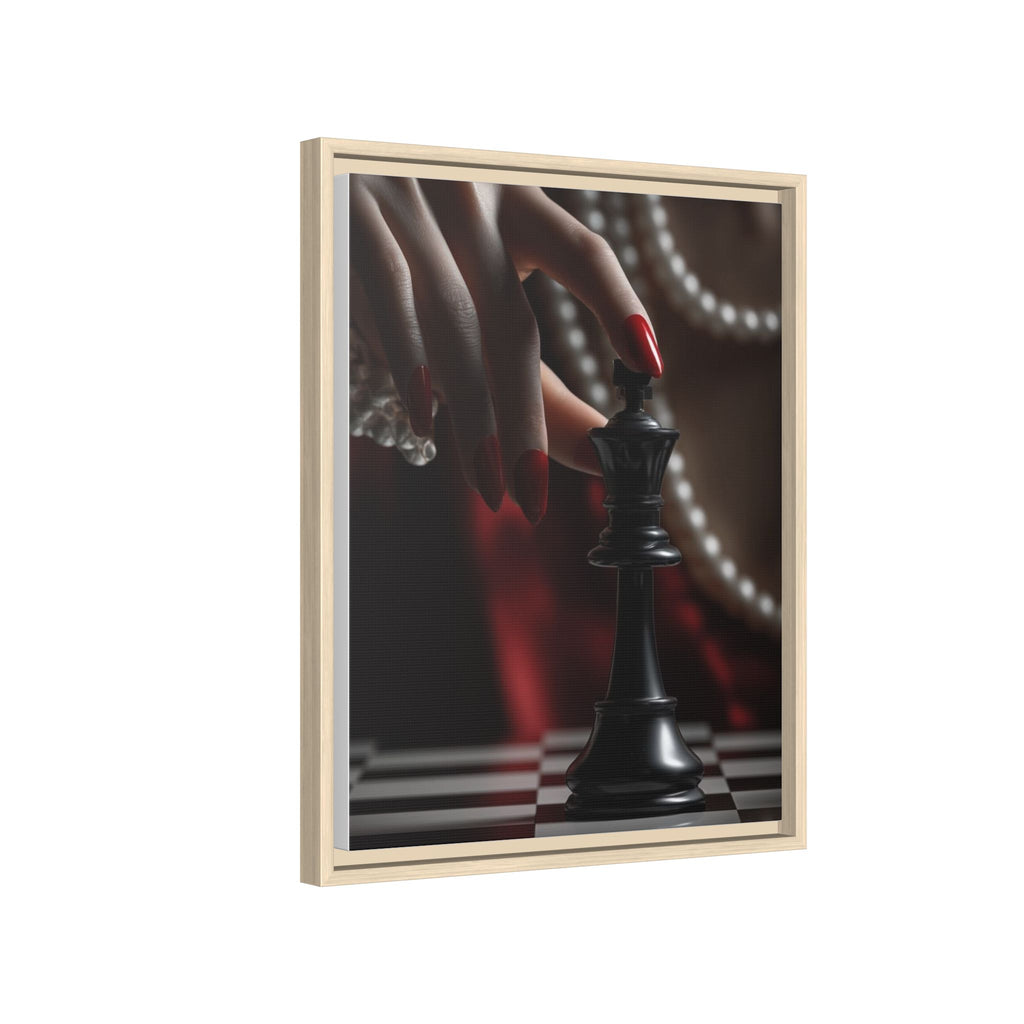 Framed Matte Canvas Art — Femme Hand & Chess King (Pearls, Noir Glam)