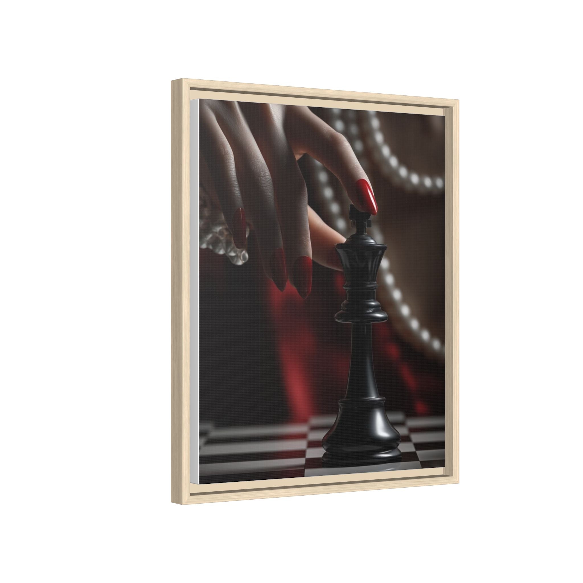 Framed Matte Canvas Art — Femme Hand & Chess King (Pearls, Noir Glam)