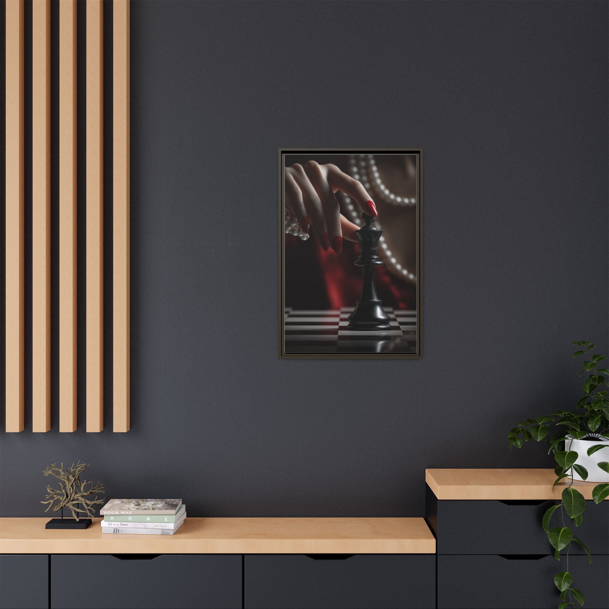 Framed Matte Canvas Art — Femme Hand & Chess King (Pearls, Noir Glam)