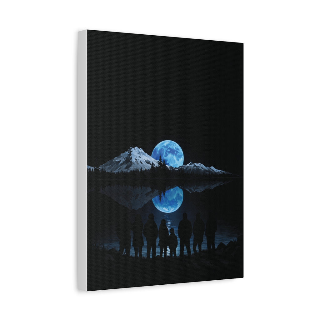 Blue Moon Mountain Canvas Print — Family Silhouette Nightscape Wall Art