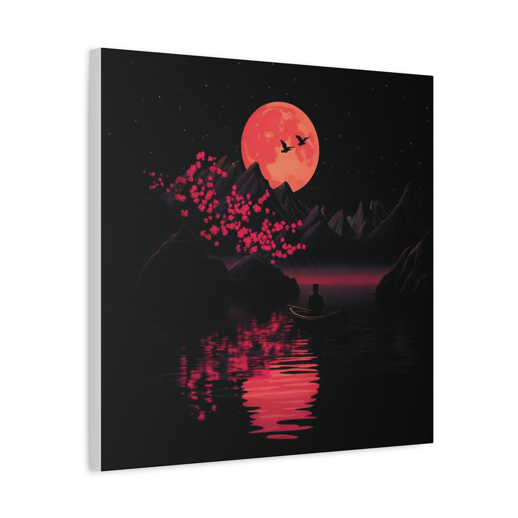 Moonlit Sakura Canvas Wall Art — Red Moon Reflection Matte Stretched Print