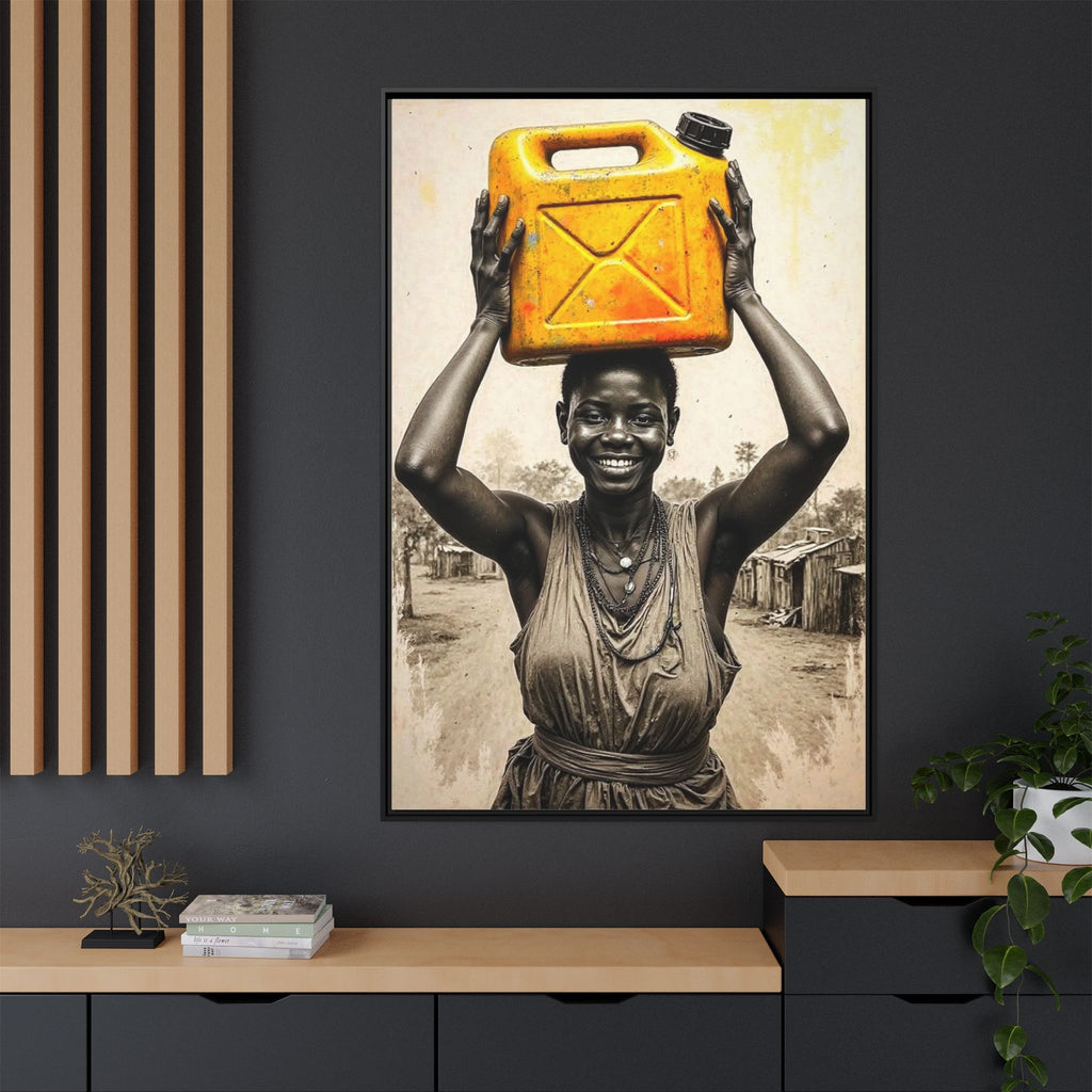Framed Canvas Art - Joyful Woman Carrying Yellow Water Jerrycan