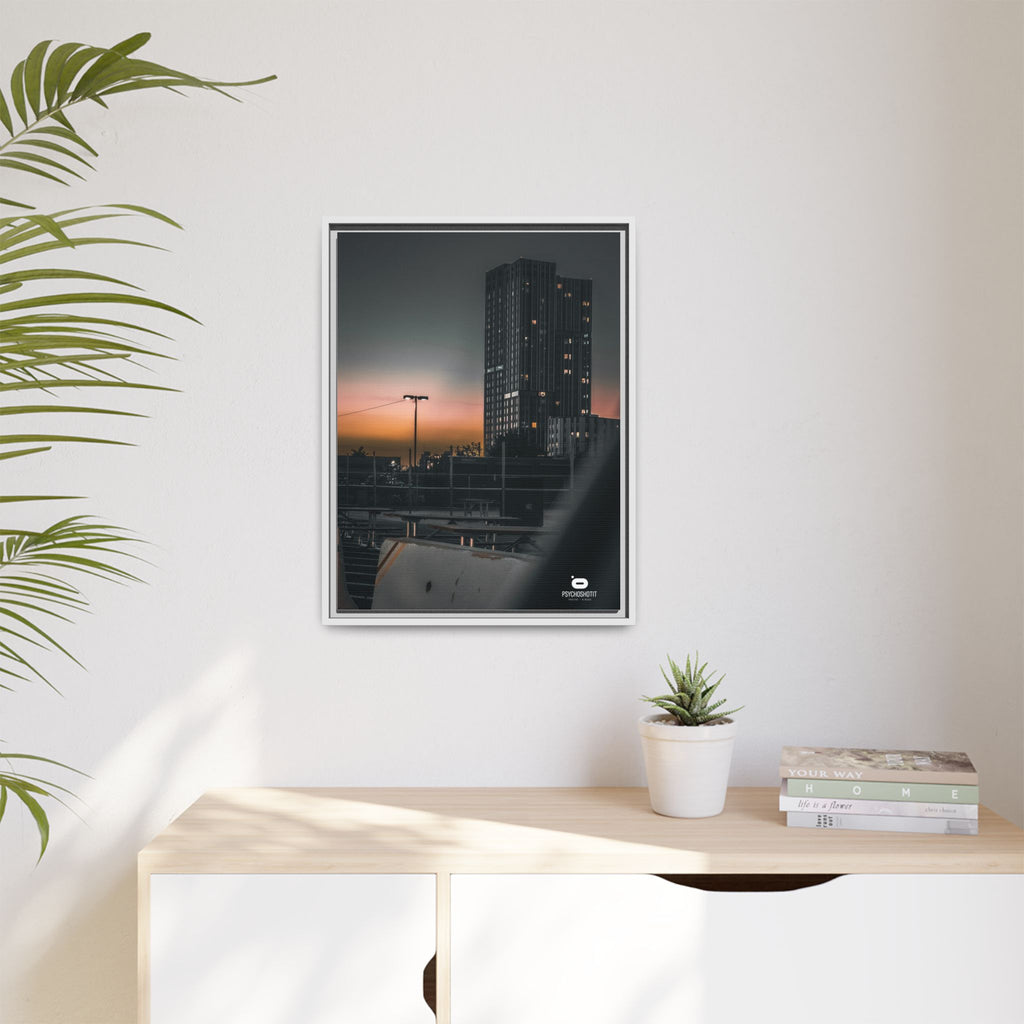 Framed Matte Canvas Print — Urban Sunset High-Rise Photography