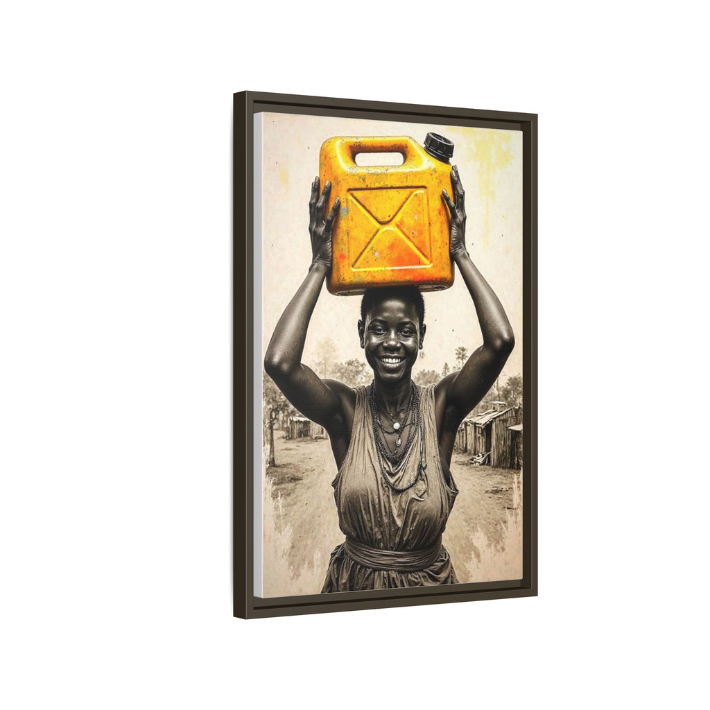 Framed Canvas Art - Joyful Woman Carrying Yellow Water Jerrycan