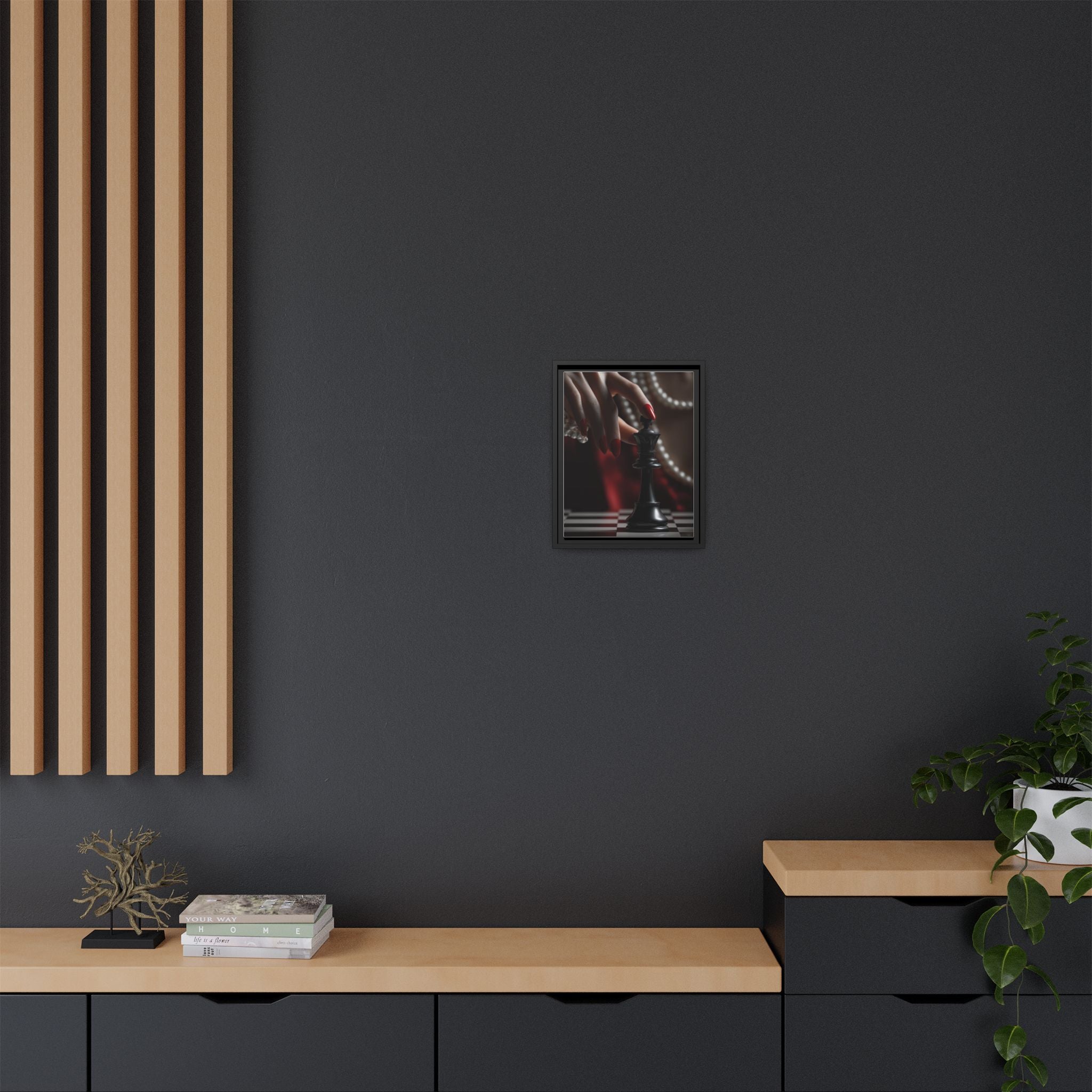 Framed Matte Canvas Art — Femme Hand & Chess King (Pearls, Noir Glam)