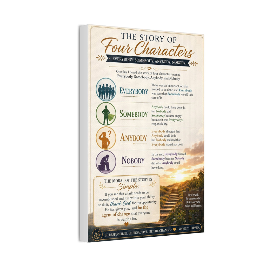 The Story of Four Characters Canvas Wall Art — Inspirational Everybody Somebody Anybody Nobody Print