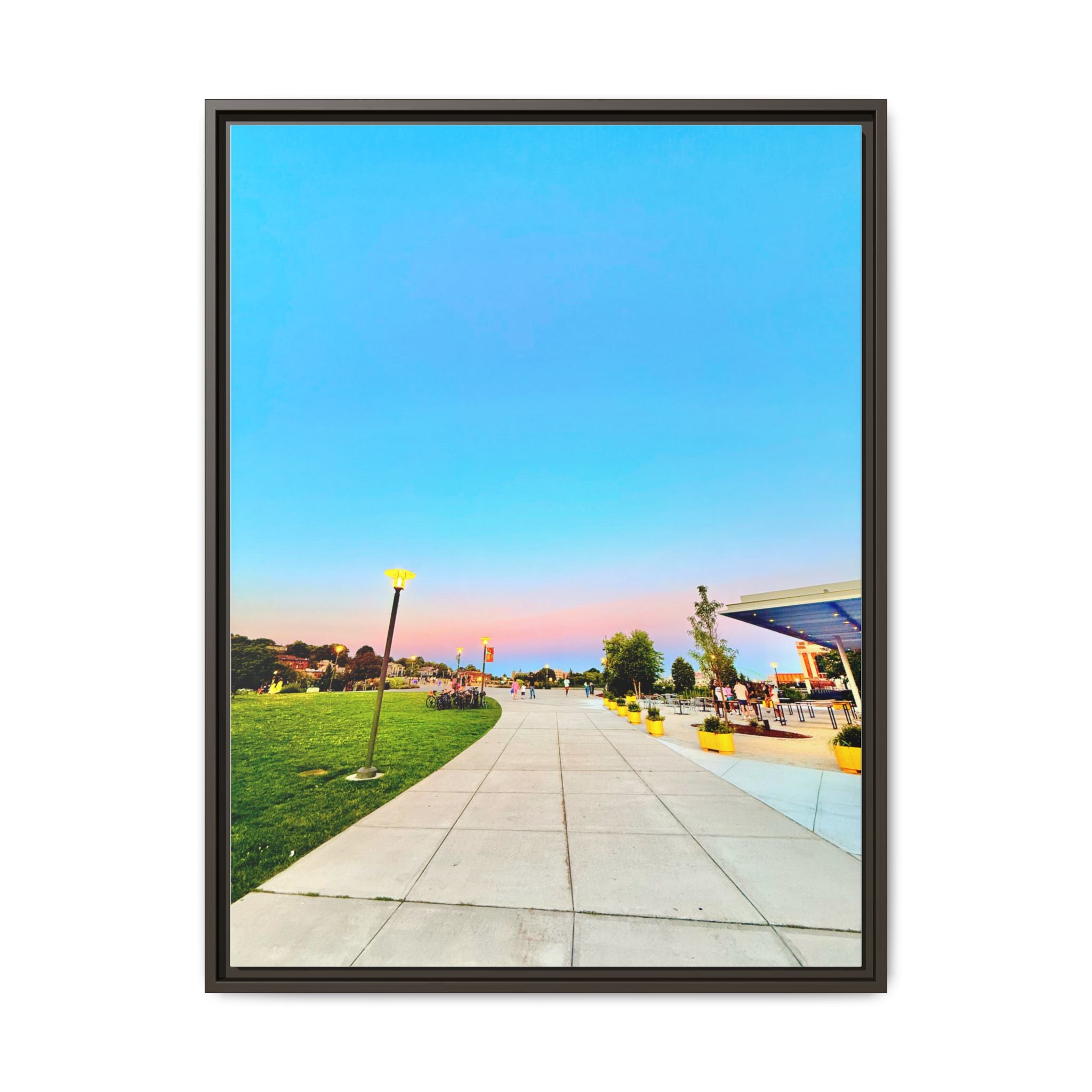 Sunset Promenade Matte Framed Canvas — Pastel Sky Walkway Wall Art