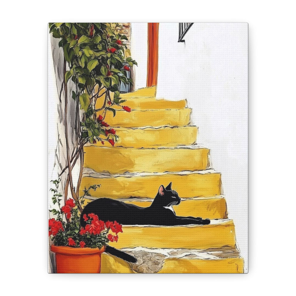 Black Cat on Yellow Steps Canvas Art Print, Whimsical Home Decor, Gift for Cat Lovers, Wall Art, Cozy Vibe, Pet Memorable Art