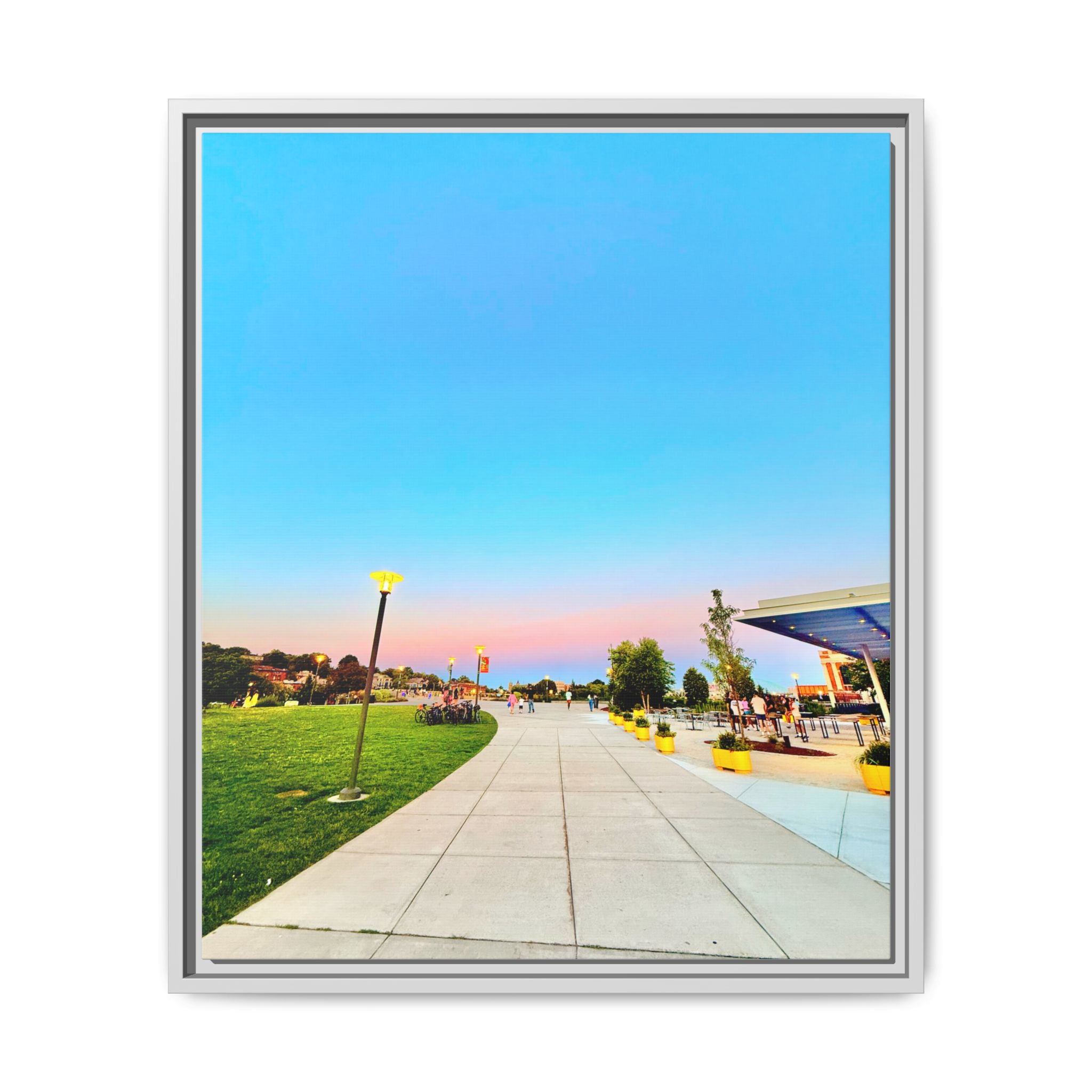 Sunset Promenade Matte Framed Canvas — Pastel Sky Walkway Wall Art