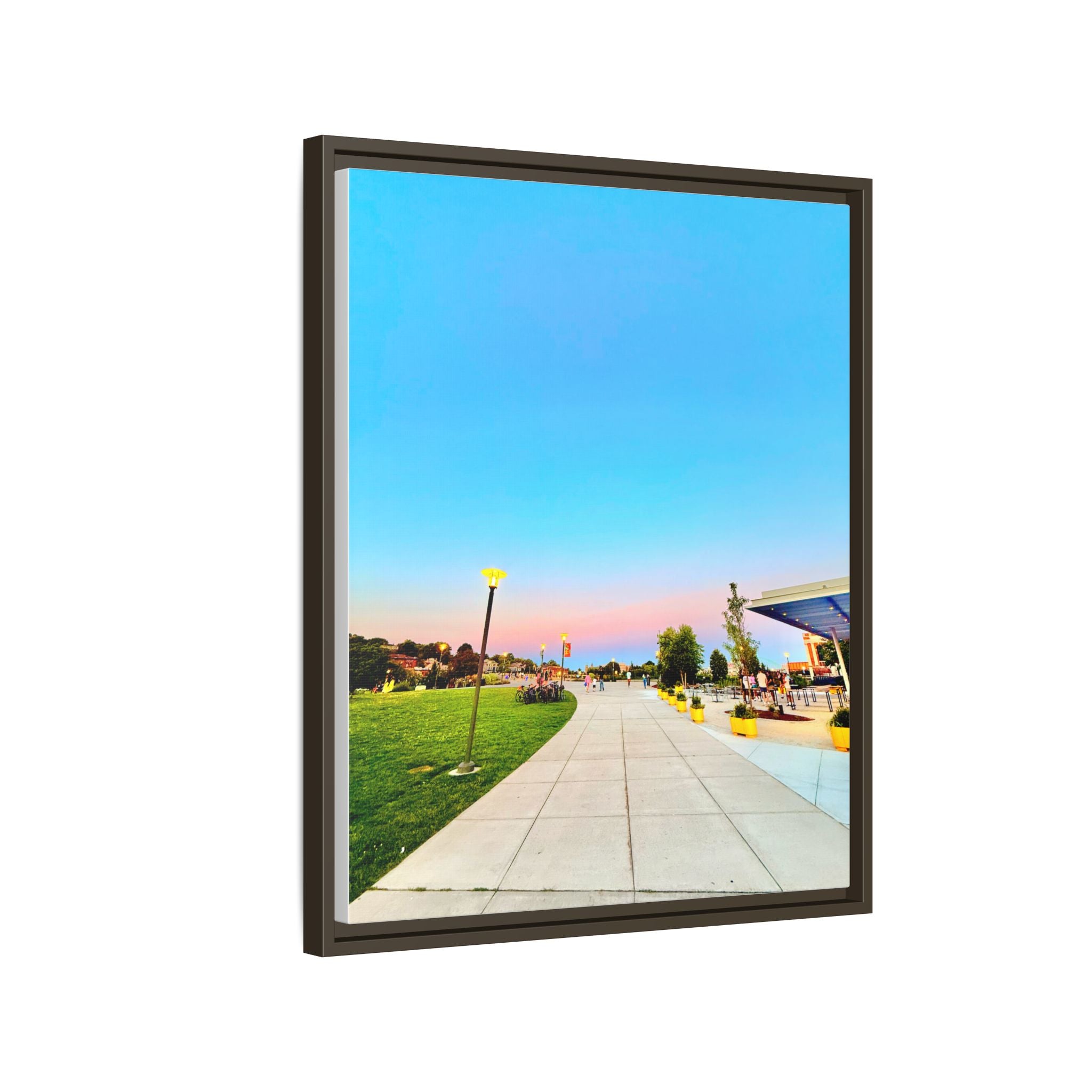Sunset Promenade Matte Framed Canvas — Pastel Sky Walkway Wall Art