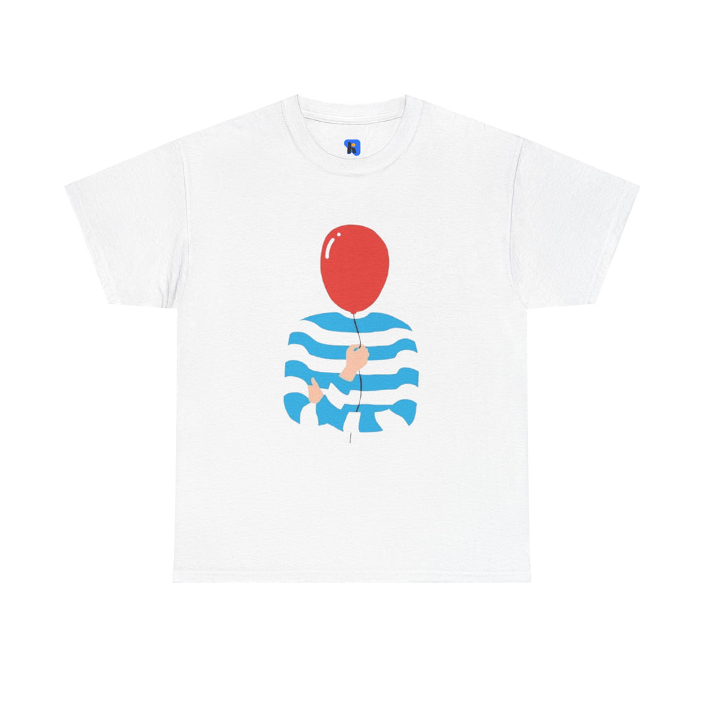 Striped Sweater Balloon Tee — Minimalist Red Balloon Graphic T-Shirt