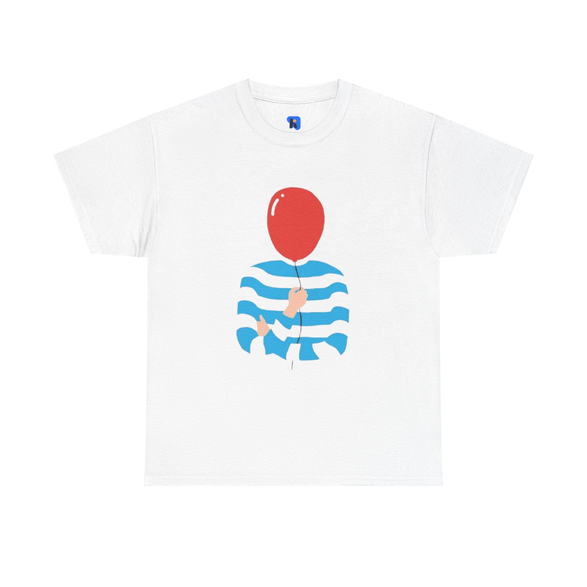 Striped Sweater Balloon Tee — Minimalist Red Balloon Graphic T-Shirt