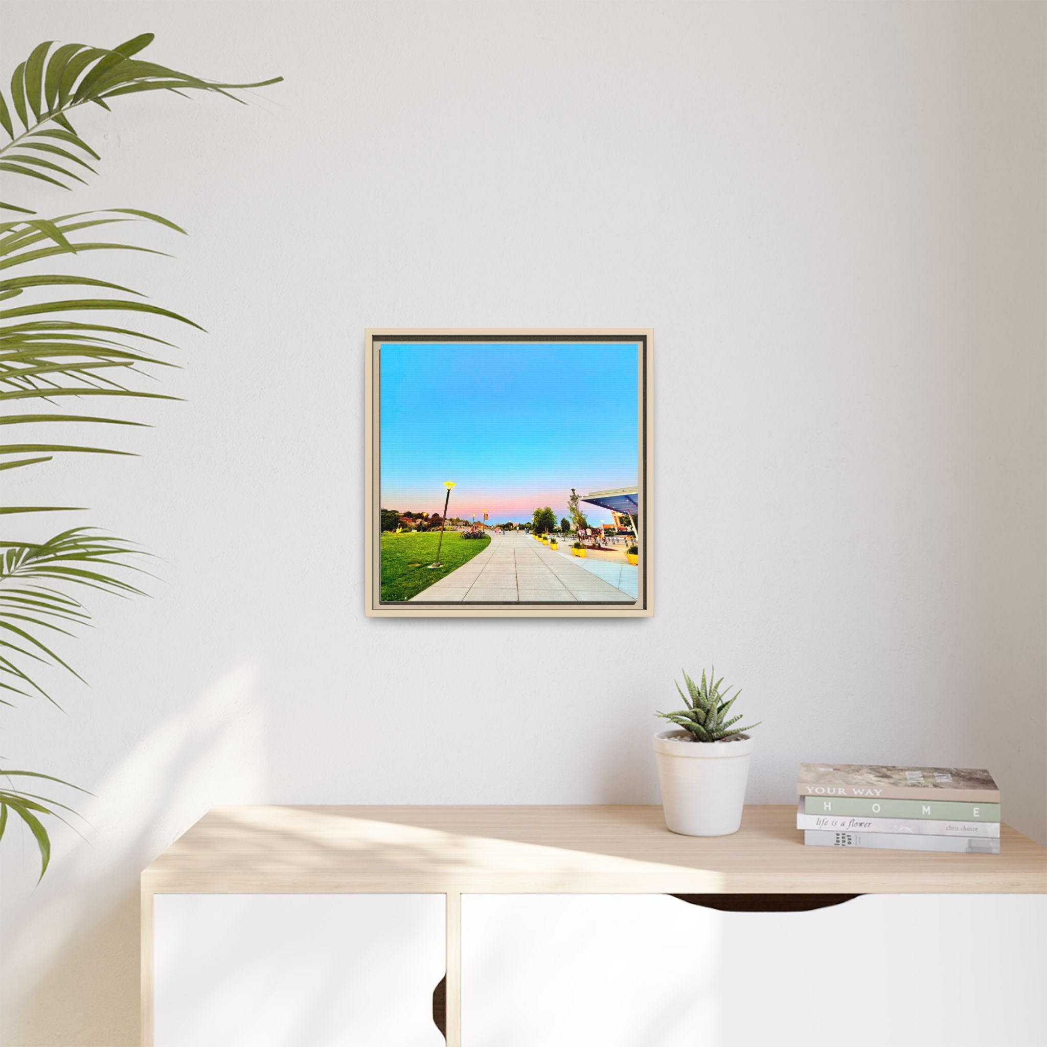 Sunset Promenade Matte Framed Canvas — Pastel Sky Walkway Wall Art