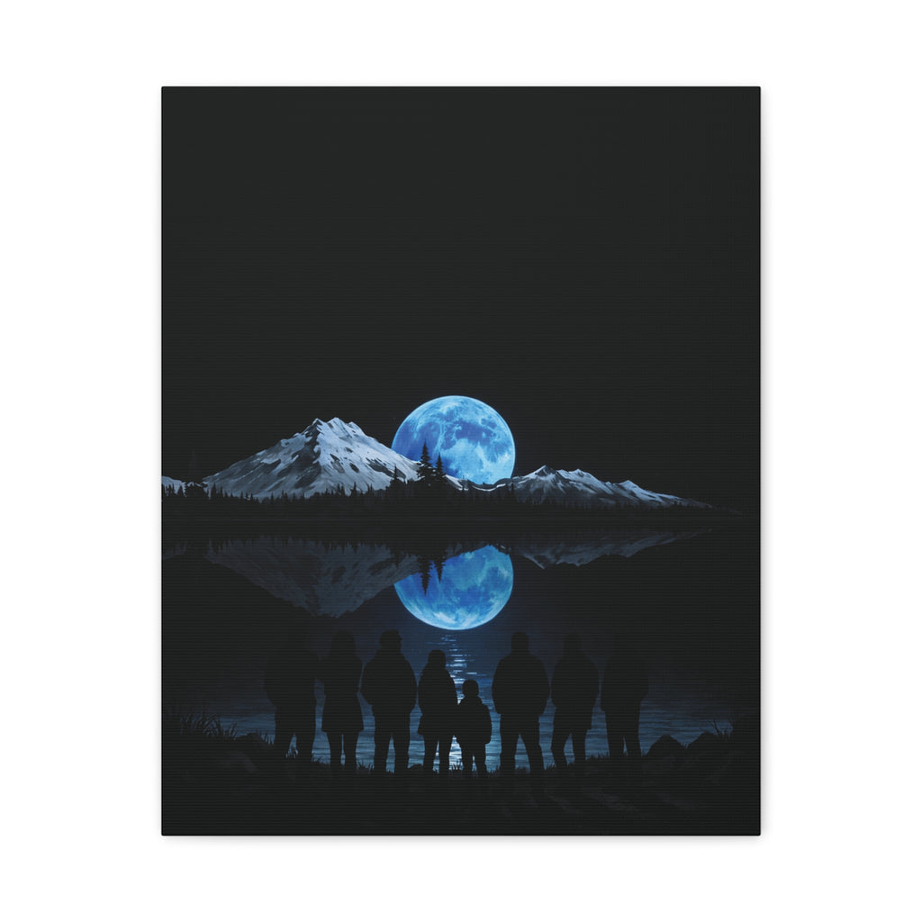 Blue Moon Mountain Canvas Print — Family Silhouette Nightscape Wall Art