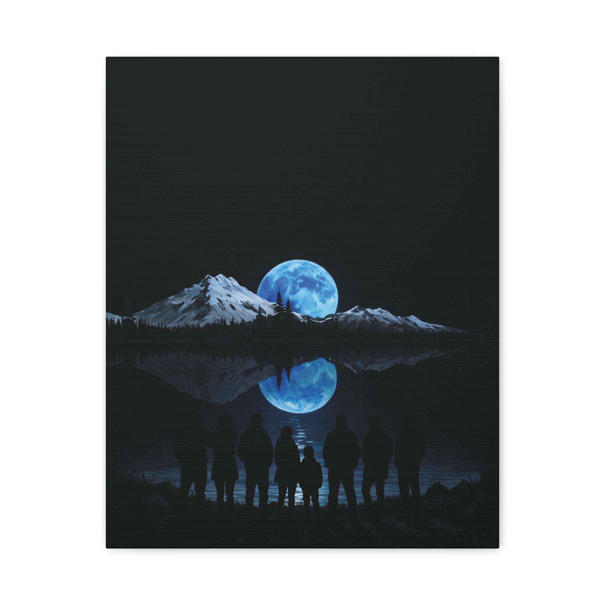 Blue Moon Mountain Canvas Print — Family Silhouette Nightscape Wall Art