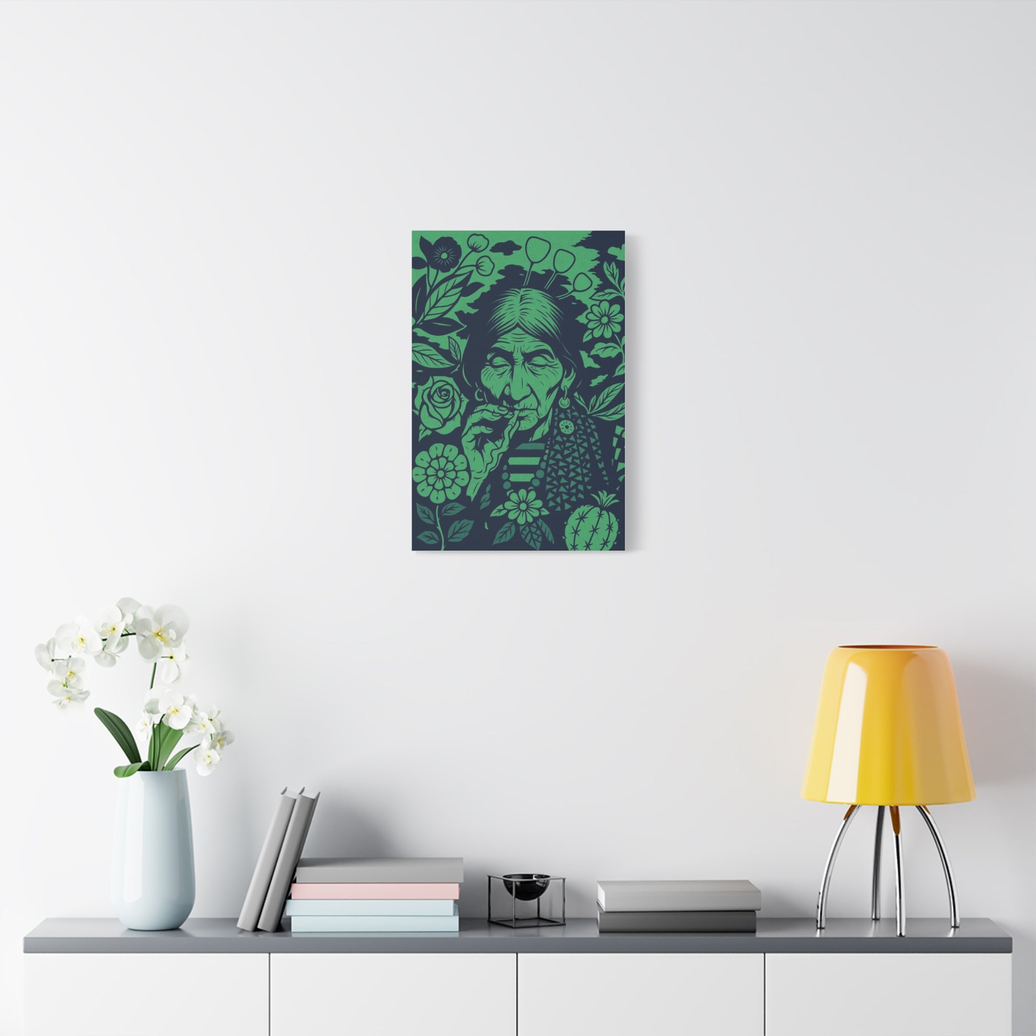 Vintage Smoking Woman Art Canvas — Green Floral Stretched Wall Art