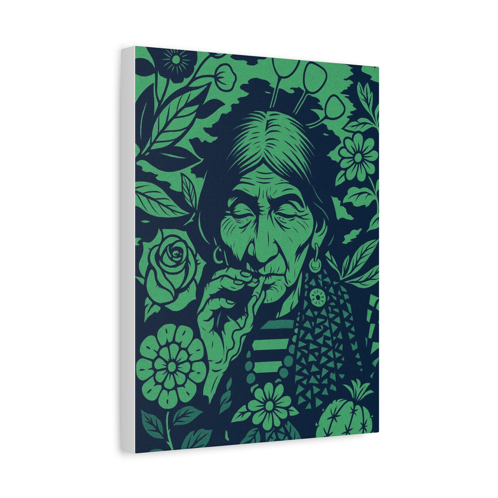 Vintage Smoking Woman Art Canvas — Green Floral Stretched Wall Art