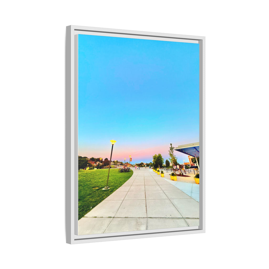 Sunset Promenade Matte Framed Canvas — Pastel Sky Walkway Wall Art