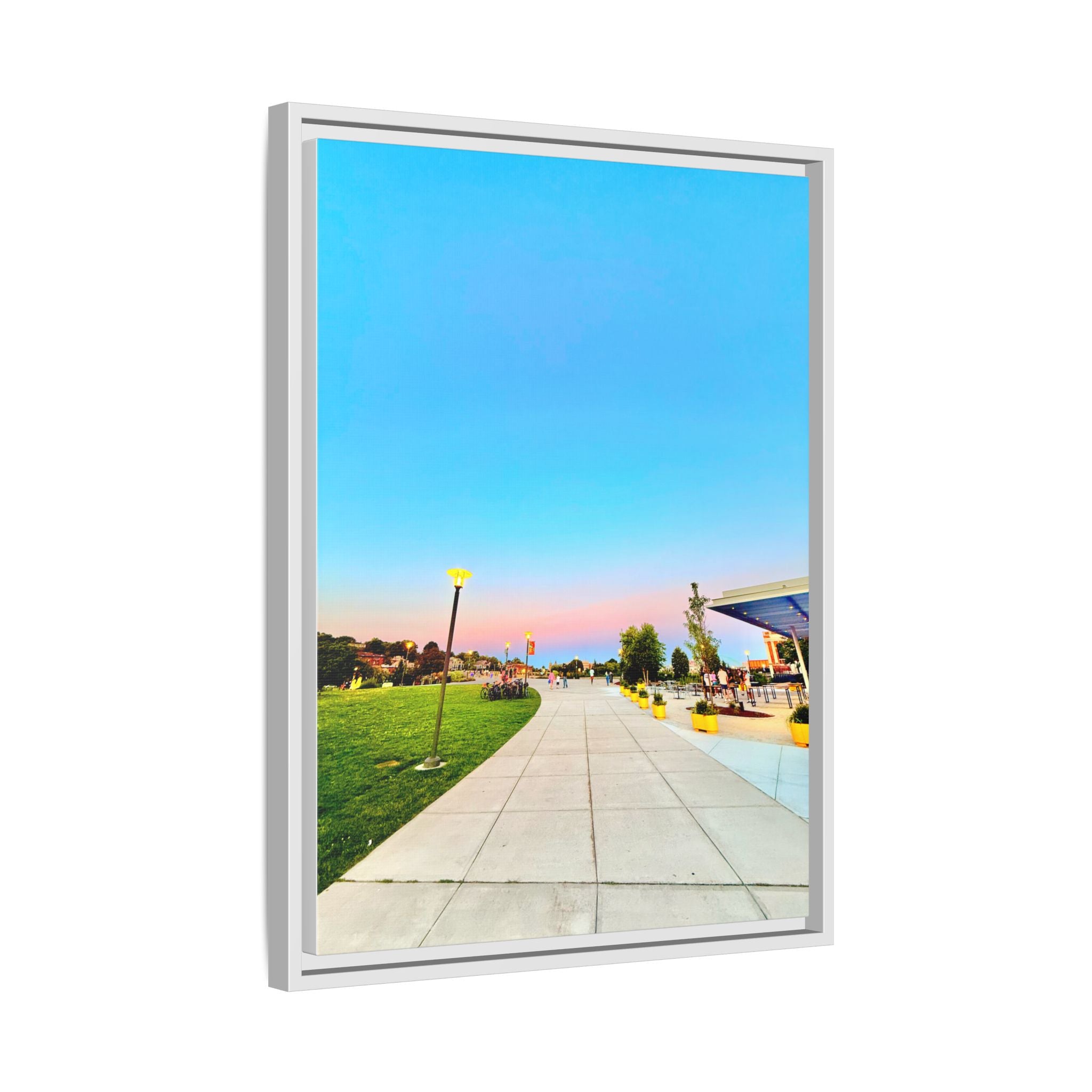Sunset Promenade Matte Framed Canvas — Pastel Sky Walkway Wall Art