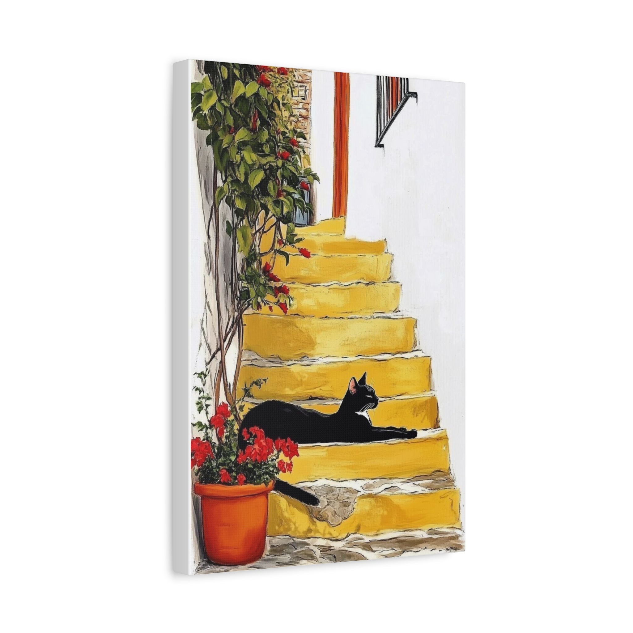 Black Cat on Yellow Steps Canvas Art Print, Whimsical Home Decor, Gift for Cat Lovers, Wall Art, Cozy Vibe, Pet Memorable Art