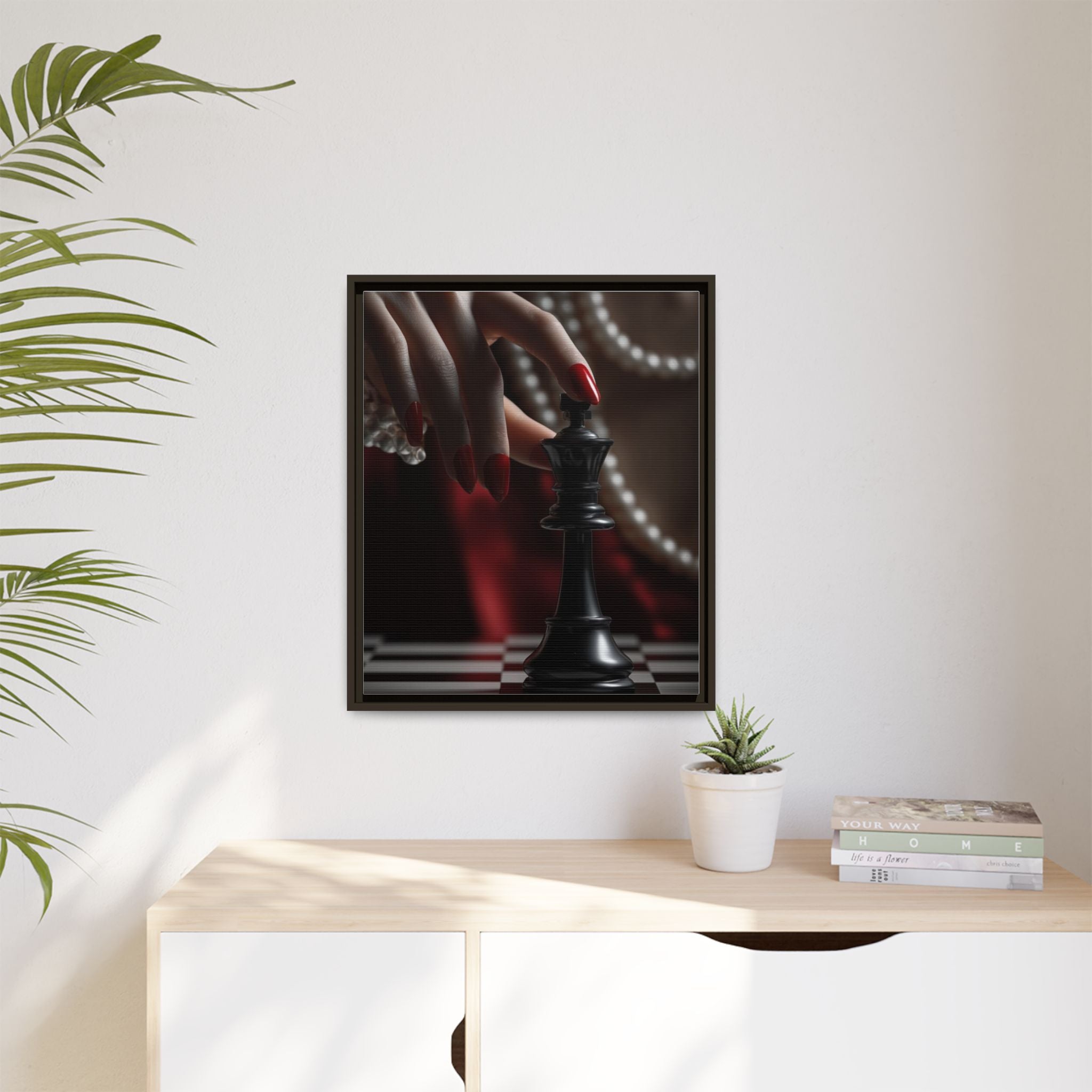 Framed Matte Canvas Art — Femme Hand & Chess King (Pearls, Noir Glam)