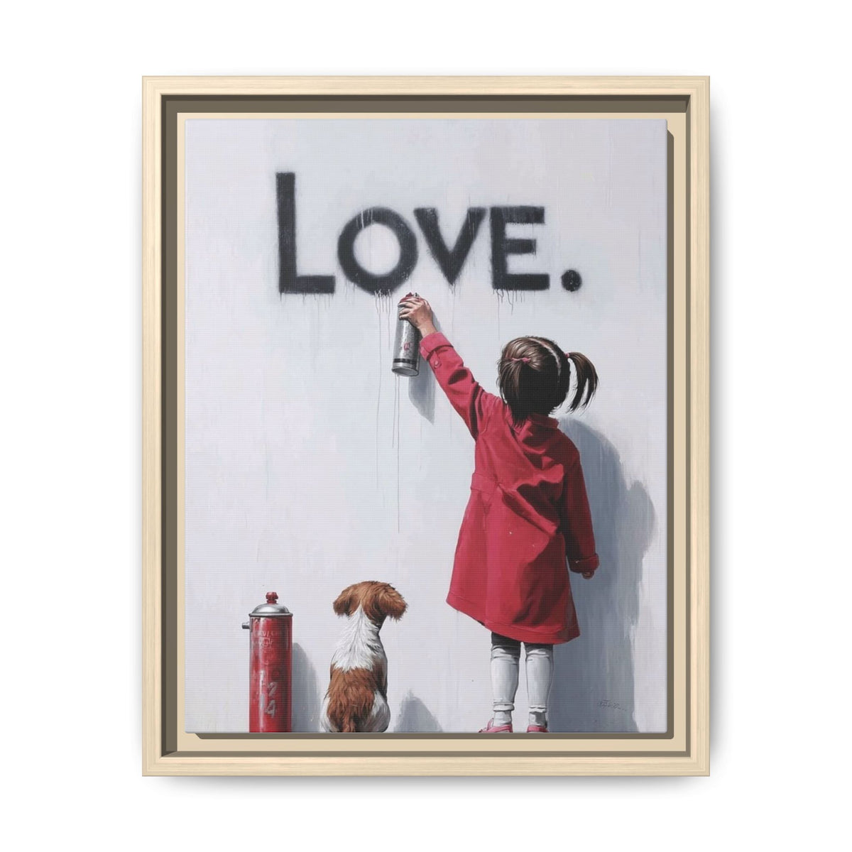 'LOVE.' Girl Spray-Painting with Dog- Framed Canvas Art