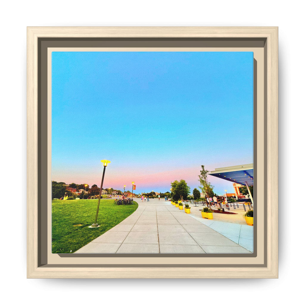 Sunset Promenade Matte Framed Canvas — Pastel Sky Walkway Wall Art