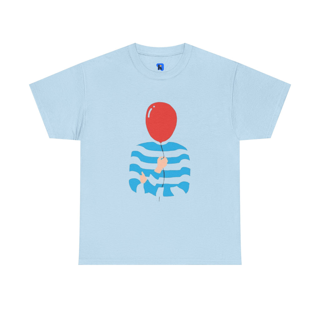 Striped Sweater Balloon Tee — Minimalist Red Balloon Graphic T-Shirt
