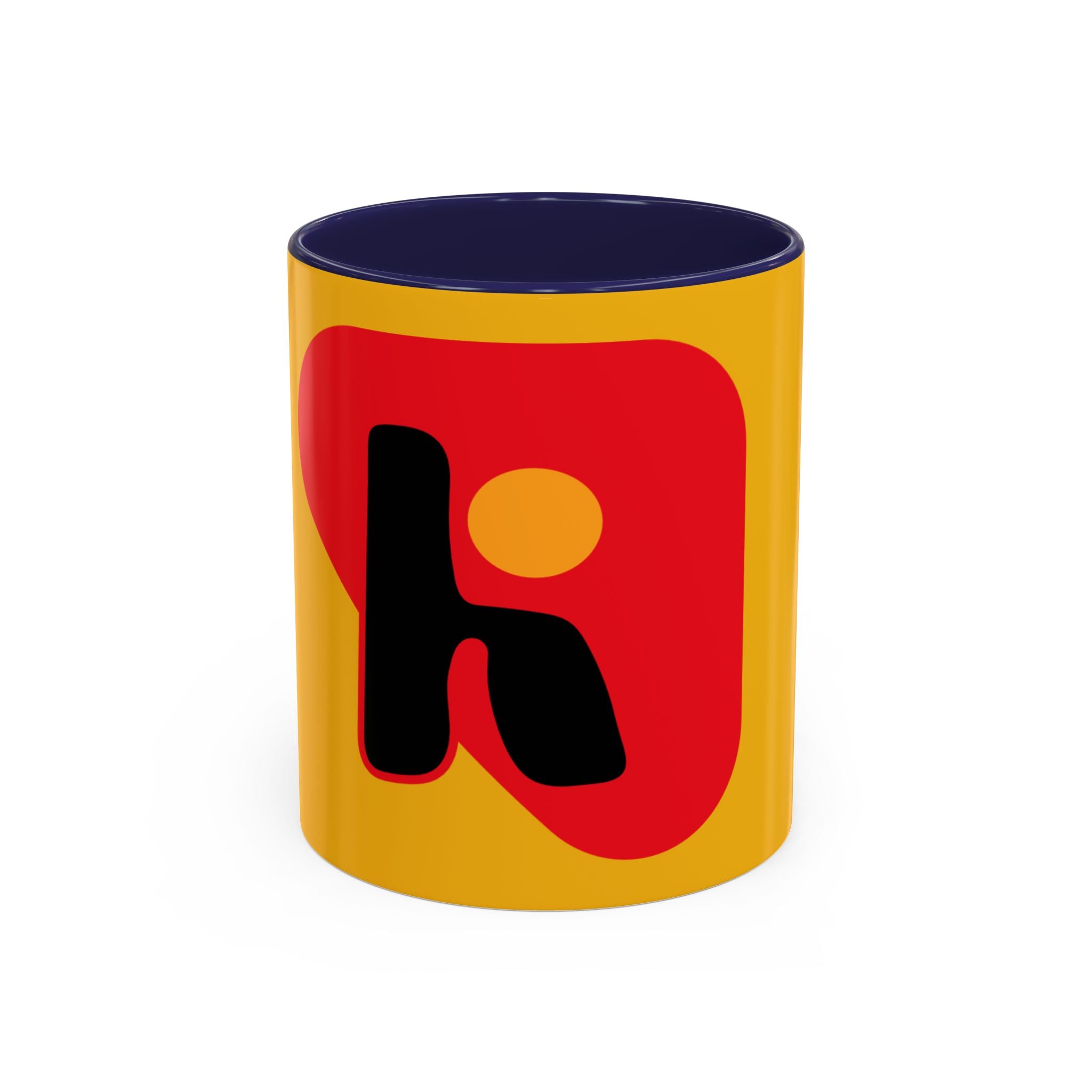 Retro Bold 'k' Accent Coffee Mug — Yellow & Red Graphic Ceramic
