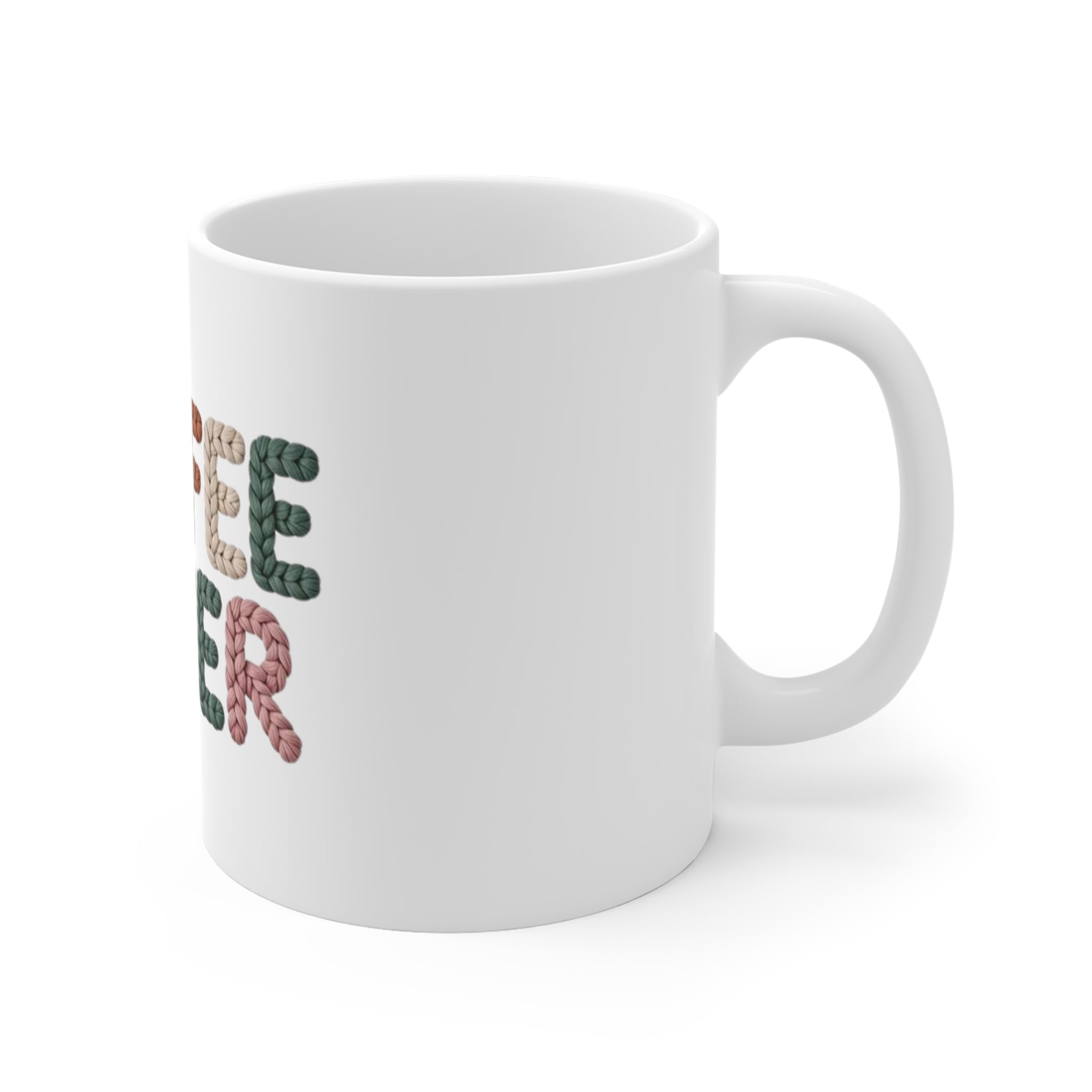Coffee Lover Mug — Colorful Knitted Yarn Typography 11oz